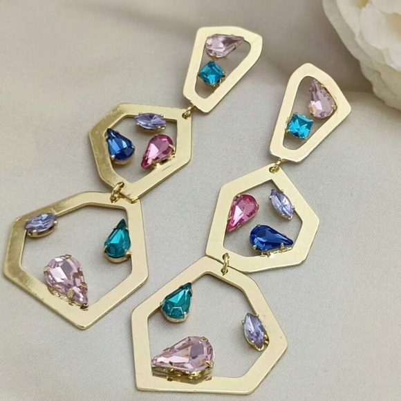 2/$30🌵 Gold Geo Multicolor Rhinestones Earrings Sparkle Large Jewelry Boho NEW - Picture 3 of 11